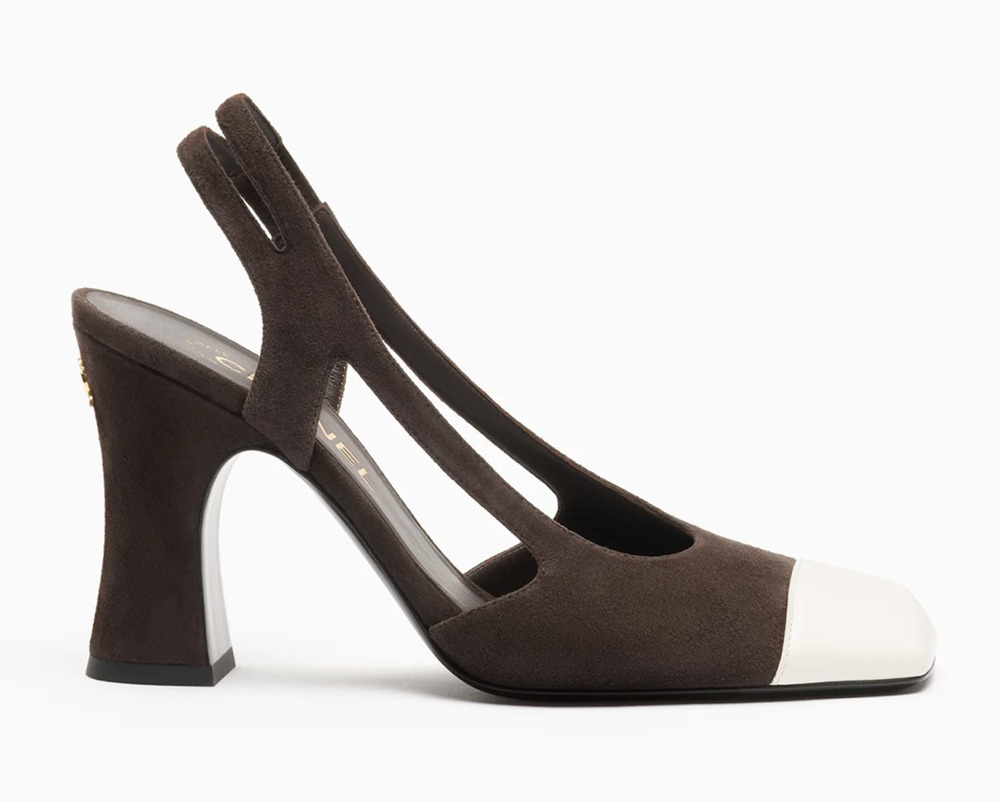 Chanel 26K Blazy Brown Suede White Square Toe CC Slingback Block Heel Pump 39